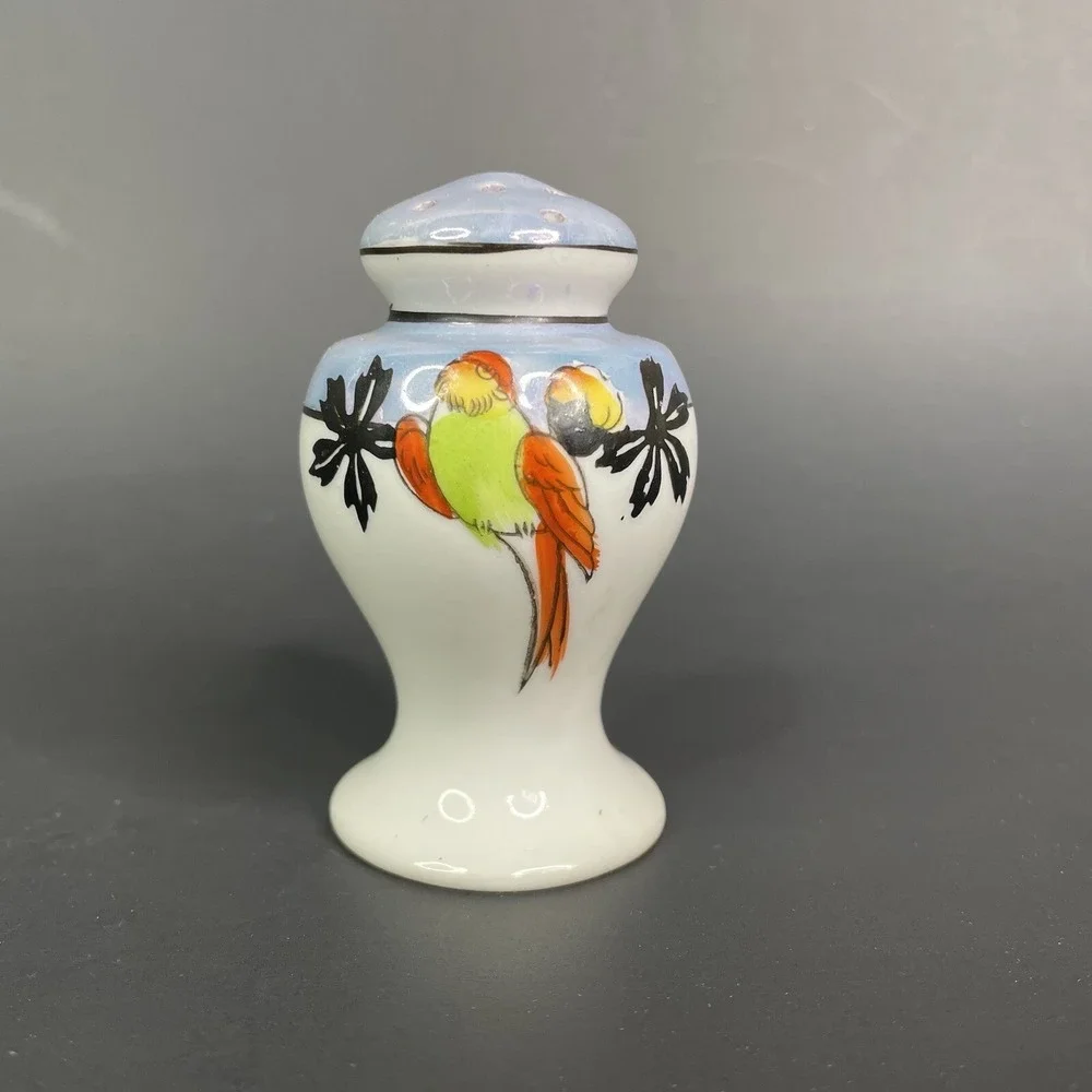 Vintage Lustreware Salt & Pepper Shaker Set Japan Porcelain Hand Painted Parrots